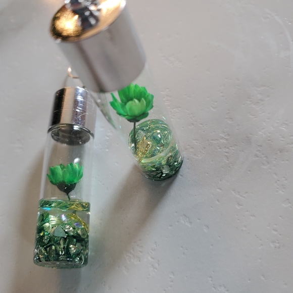 Green Wish Flowers Glass Bottle Dangle Earrings - Picture 7 of 12